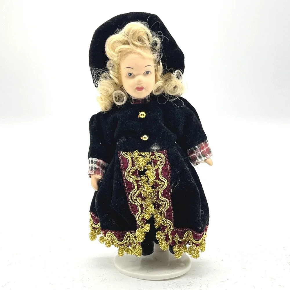 Vintage Miniature Porcelain Doll‎ Blonde Velvet Gold Trim Victorian Style 6in